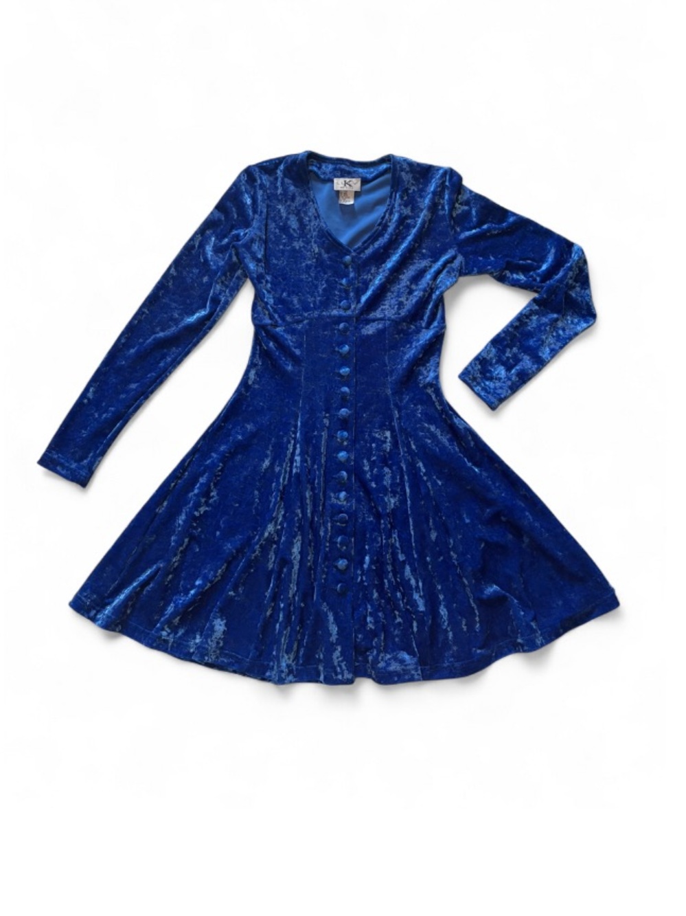 Vintage Crushed Velvet Button-Front Fit & Flare Long Sleeve Mini Dress
